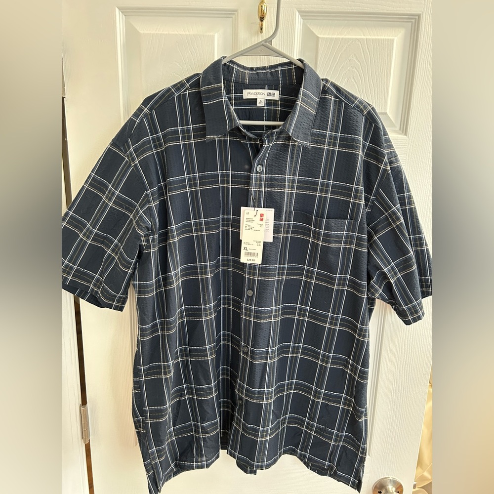 JW Anderson Uniqlo seersucker checked short sleeve shirt navy